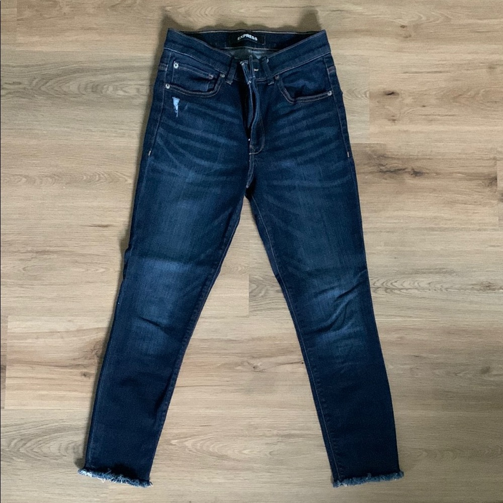Express Blue Skinny Jeans with Distressed Hem